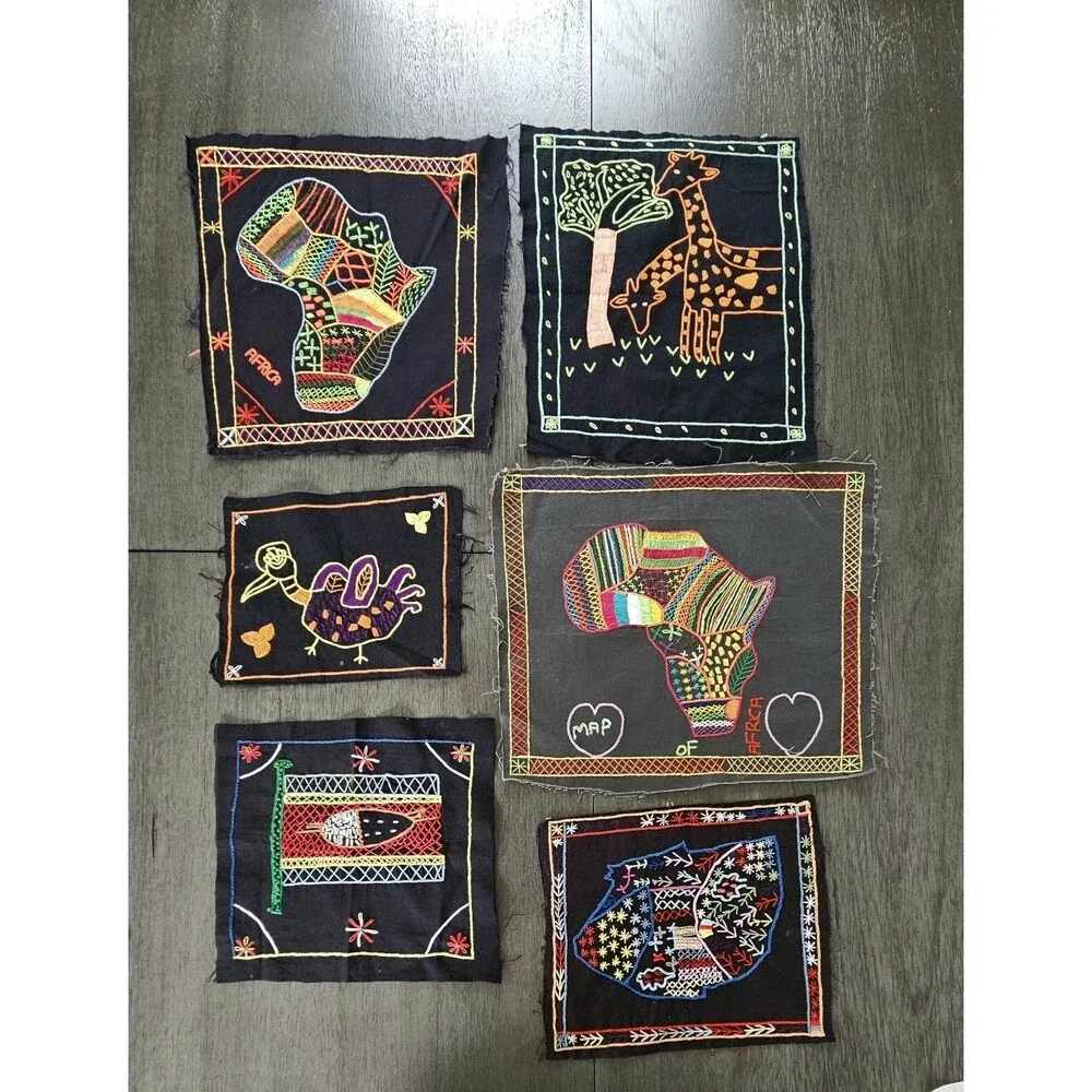 African Hand Embroidered Fabric Art Cotton Multi Colored Giraffe Bird Lot Of 6